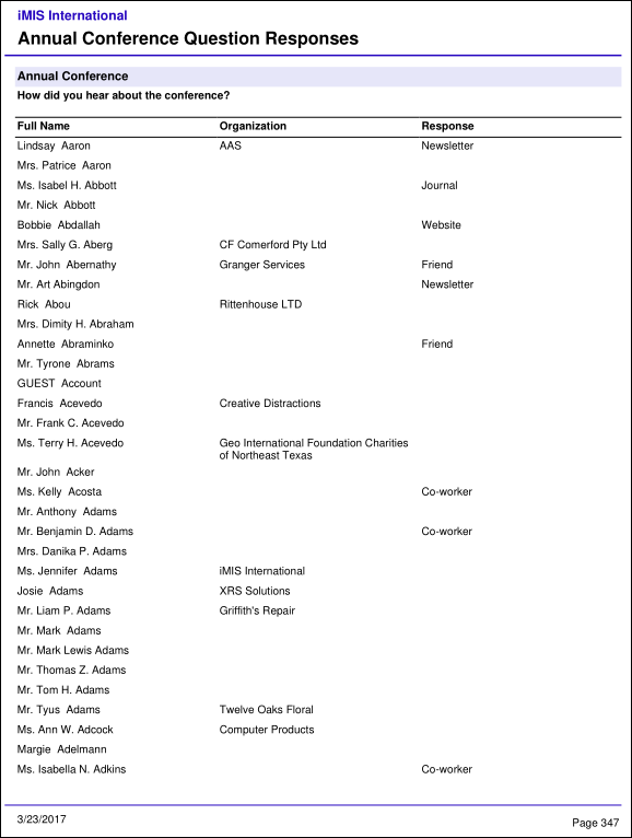 Viewing the Event Question Response Details report example